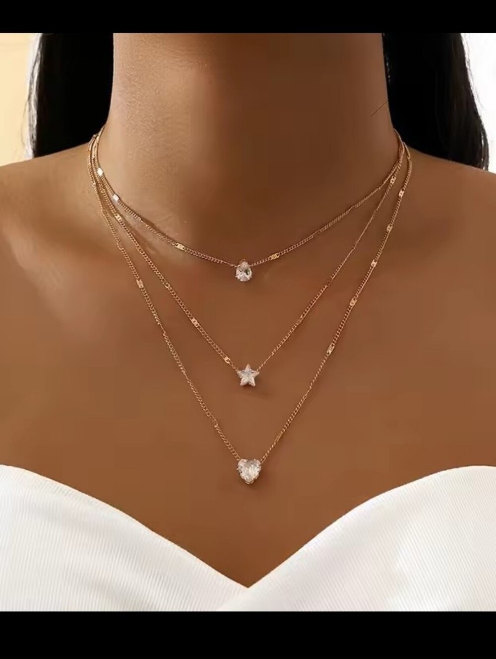 Gold Layered Necklace Women's Rhinestone Hearts Star Jewelry New G21